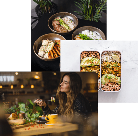 Woman enjoying food, meals in storage container, and food bowls on a table